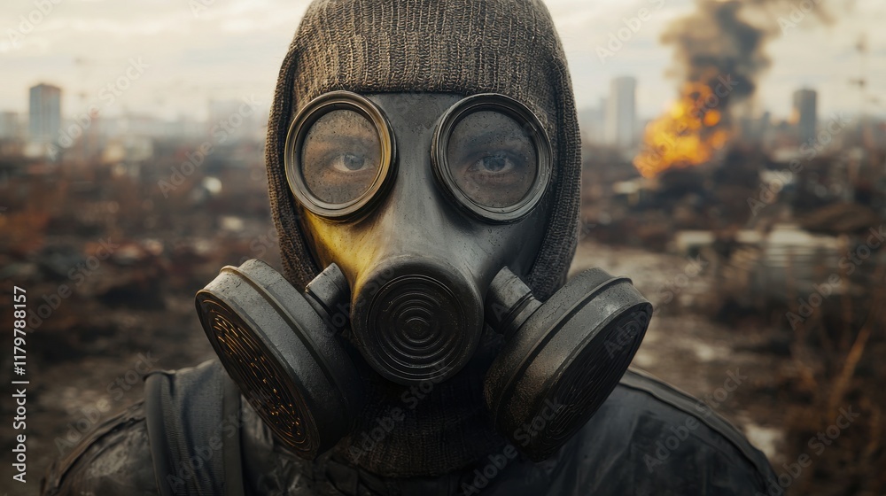 Mysterious Man Wearing Gas Mask in Urban Environment Evoking Sense of Dystopia and Isolation Amidst Gloomy Atmosphere Mysterious Man Wearing Gas Mask in Urban Environment Evoking Sense of Dystopia and Isolation Amidst Gloomy Atmosphere