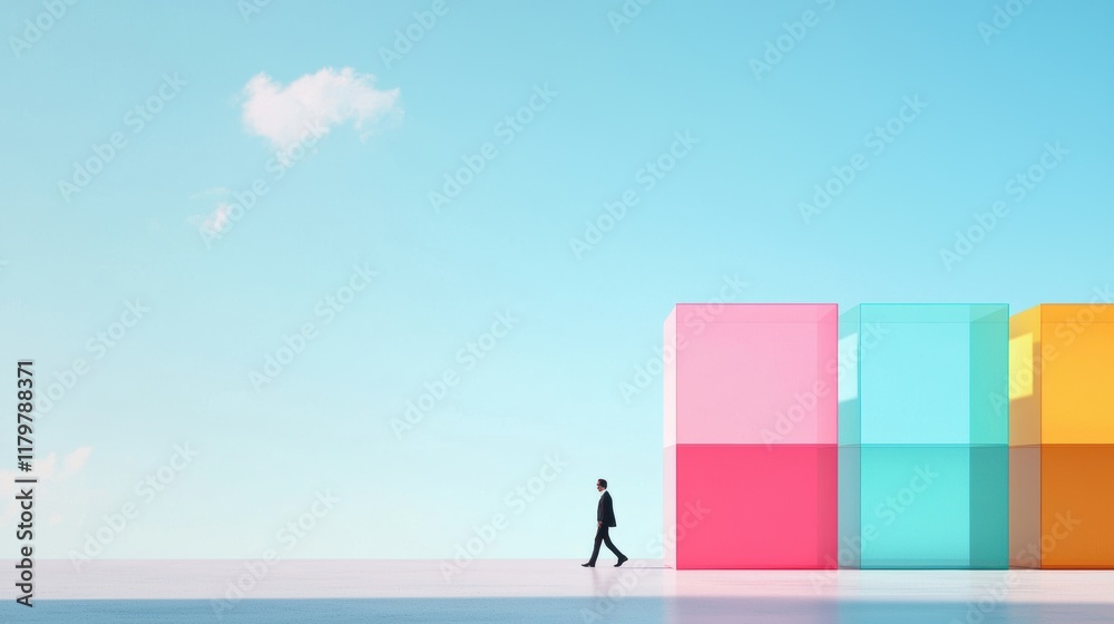 businessman walks past colorful transparent cubes under blue sky businessman walks past colorful transparent cubes under blue sky