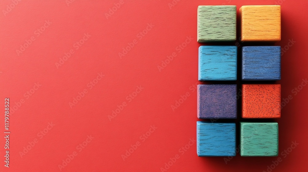 Fototapeta premium Colorful wooden blocks arranged in a fun pattern on a vibrant red background