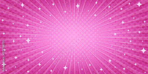 Pink pop art Background with Sparks. Comic Halftone Rays texture. Cartoon abstract frame with copy space. Template for poster banner cover
