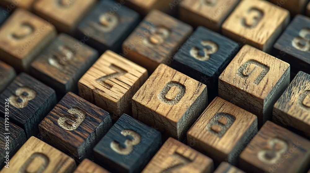Wooden number blocks forming a grid pattern with engraved digits visible