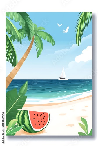 A watermelon sits on the beach, surrounded by sand, palm trees, and a blue sky, summer background