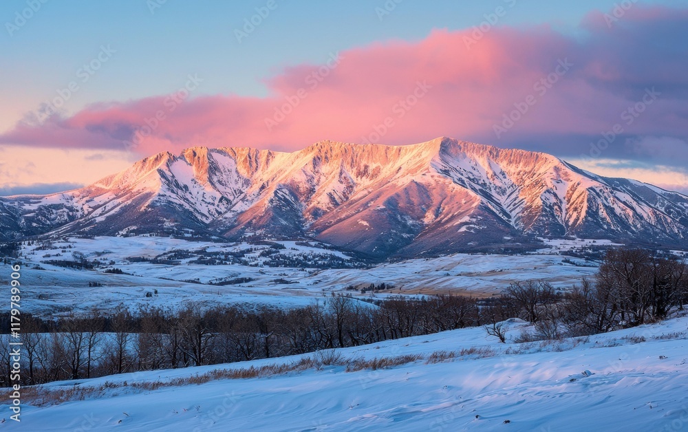 A snow-covered mountain ridge with a vibrant sunrise casting golden hues across the peaks A snow-covered mountain ridge with a vibrant sunrise casting golden hues across the peaks