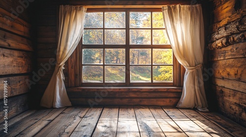 Wallpaper Mural Sunlight filters through rustic window drapes in a cozy wooden cabin Torontodigital.ca
