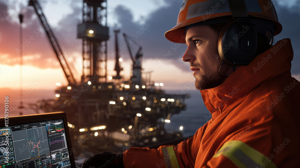 Fototapeta premium Oil rig worker monitoring operations at sunset, showcasing dedication and focus