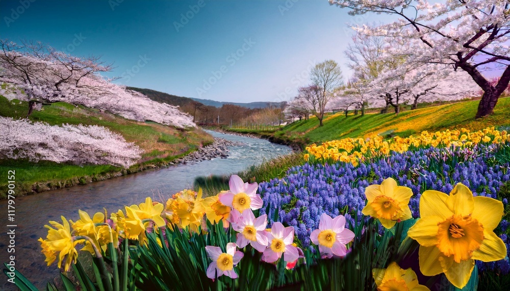 Obraz premium Enchanting Spring Landscape with Blooming Flowers and Flowing Stream