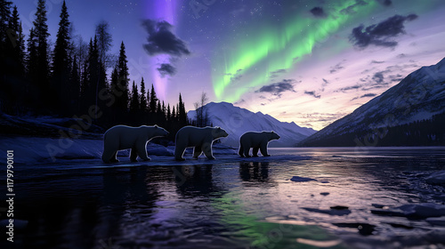 Polar bears traversing icy Arctic terrain under vibrant auroras, embodying resilience and hope.	 photo