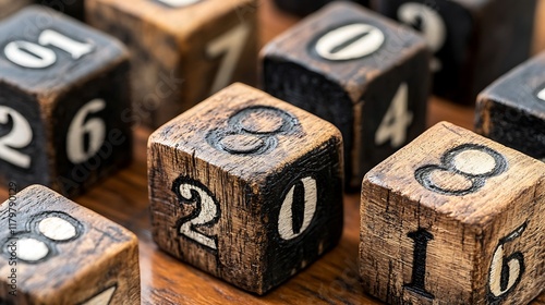 Close-up of number blocks with alternating white and black engravings