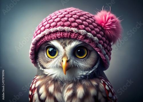 Adorable Owl in Pink Polka Dot Knit Hat - Cute Bird Stock Photo photo