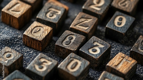 A random assortment of engraved number blocks placed on a smooth fabric surface