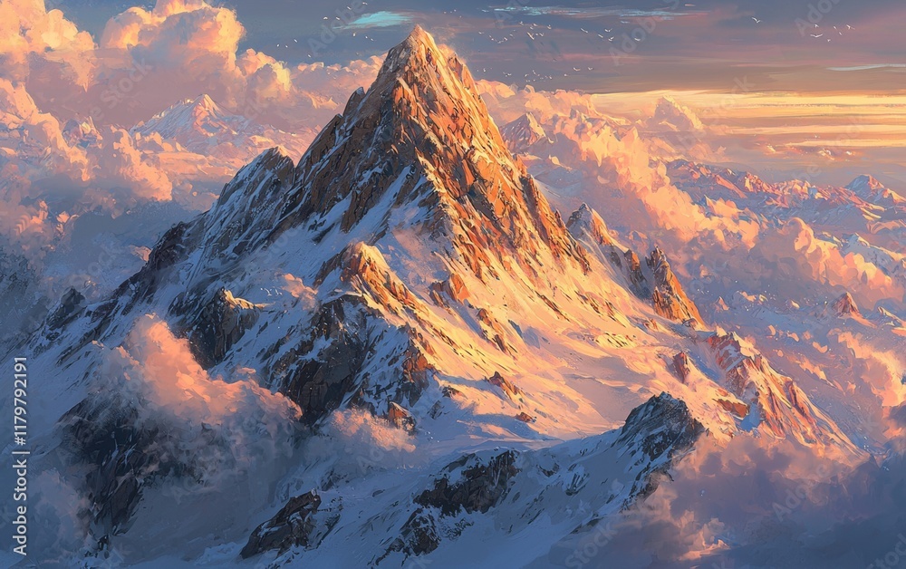 Obraz premium A rugged mountain peak standing above the clouds, covered in fresh snow and glowing in the morning sun