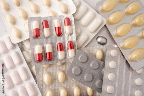 Gennevilliers, France - 01 07 2025: Still life. Close up of medicine blister packs stacked and viewed from above on a white background. photo