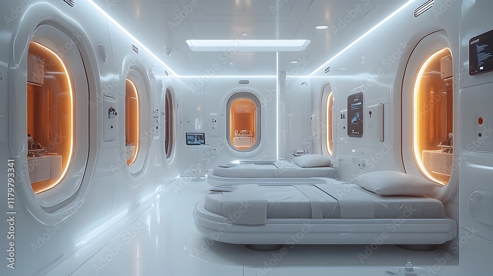 Obraz premium A futuristic room featuring 3D printers creating medical tools for human care