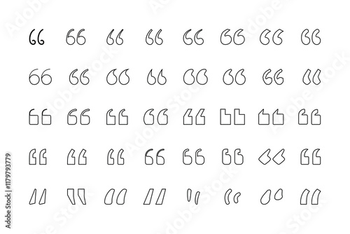 Quotation mark icon set, Set of quote mark, Quotes icon vector set, Quote marks outline, speech marks, inverted commas or talking marks collection. Talk bubble speech icon. Black quotes icon.