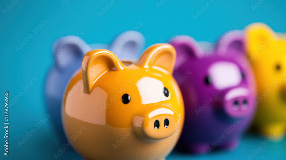 Obraz premium Colorful piggy banks in row, symbolizing savings and financial planning