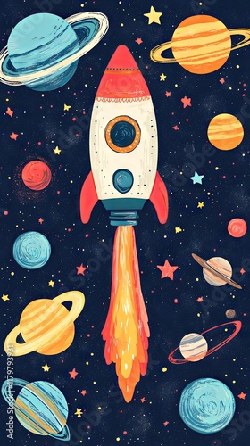 Colorful Rocket Ship in the Galaxy
