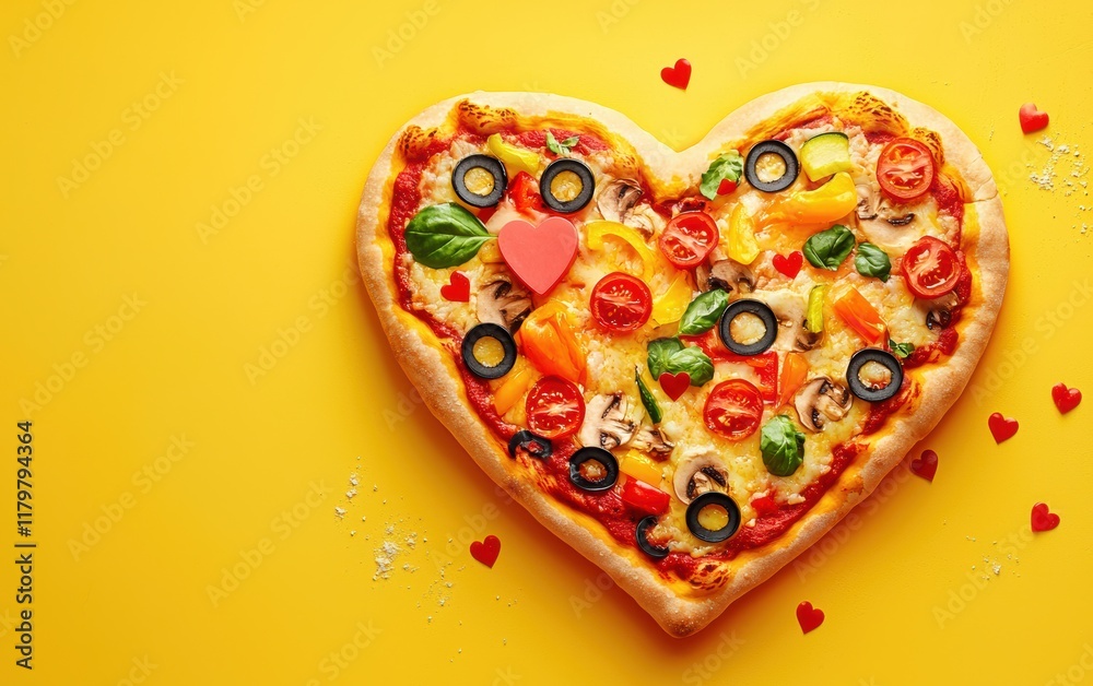A creative heart-shaped pizza with colorful vegetables on a sunny yellow background for valentines day A creative heart-shaped pizza with colorful vegetables on a sunny yellow background for valentines day