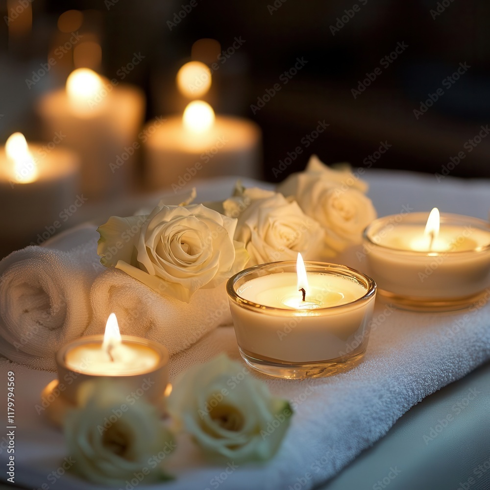 Candlelit massage session with soft white linens, essential oils, and heart-shaped rose arrangements. Candlelit massage session with soft white linens, essential oils, and heart-shaped rose arrangements.