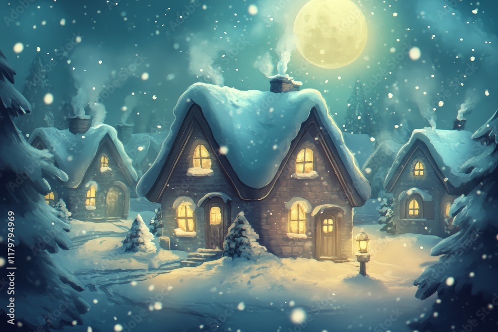 Fototapeta premium Enchanted Winter Village at Night Under a Full Moon with Gentle Snowfall, Cozy Cottages Surrounded by Snow-Covered Trees and Warm Light Glowing from Windows