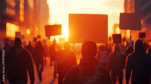 A crowd of demonstrators holding signs during a protest at sunrise, with warm sunlight casting dramatic silhouettes