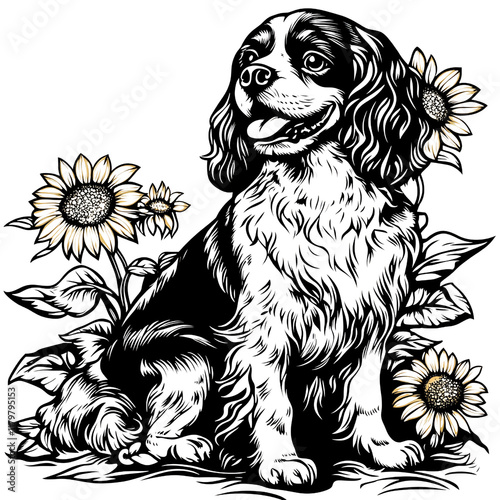 Cavalier King Charles Spaniel Surrounded by Sunflowers Illustration