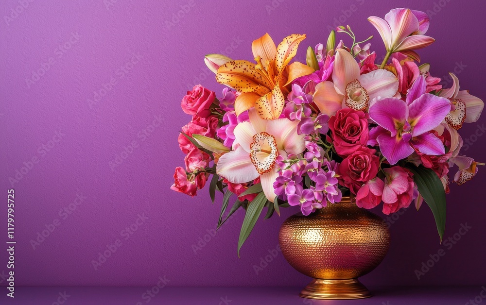 Naklejka premium A luxurious bouquet of orchids and lilies in a golden vase on a bright purple background for valentines day