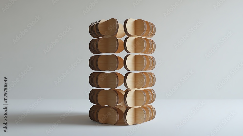 A geometric arrangement of wooden discs forming a clean and simple tower A geometric arrangement of wooden discs forming a clean and simple tower