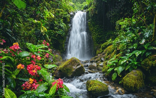 A cascading waterfall in a lush jungle surrounded by vibrant flowers and moss-covered rocks