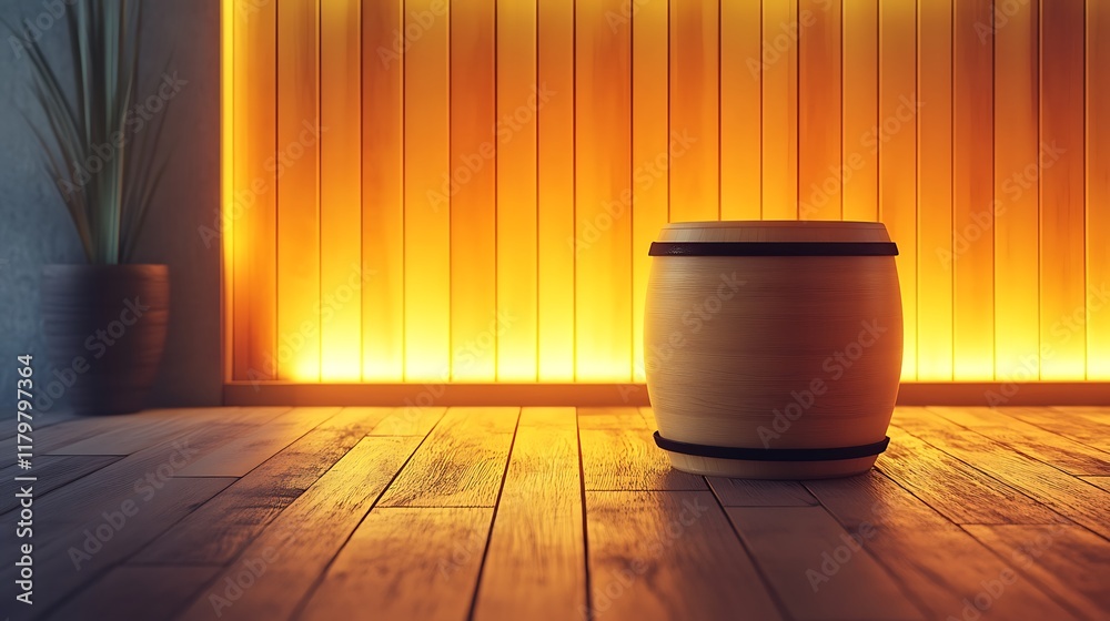 A wooden drum in soft lighting with a modern and minimalist setup A wooden drum in soft lighting with a modern and minimalist setup