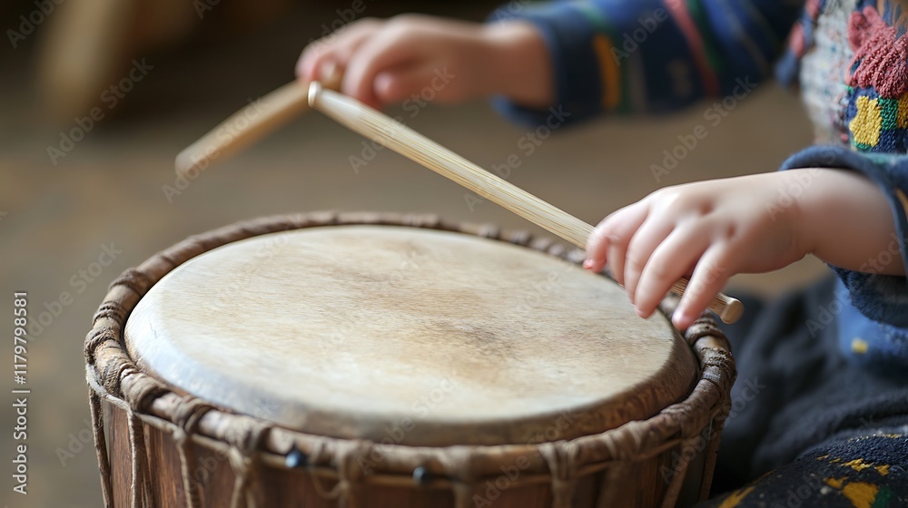 A child playing a wooden drum with small drumsticks on a neutral surface A child playing a wooden drum with small drumsticks on a neutral surface