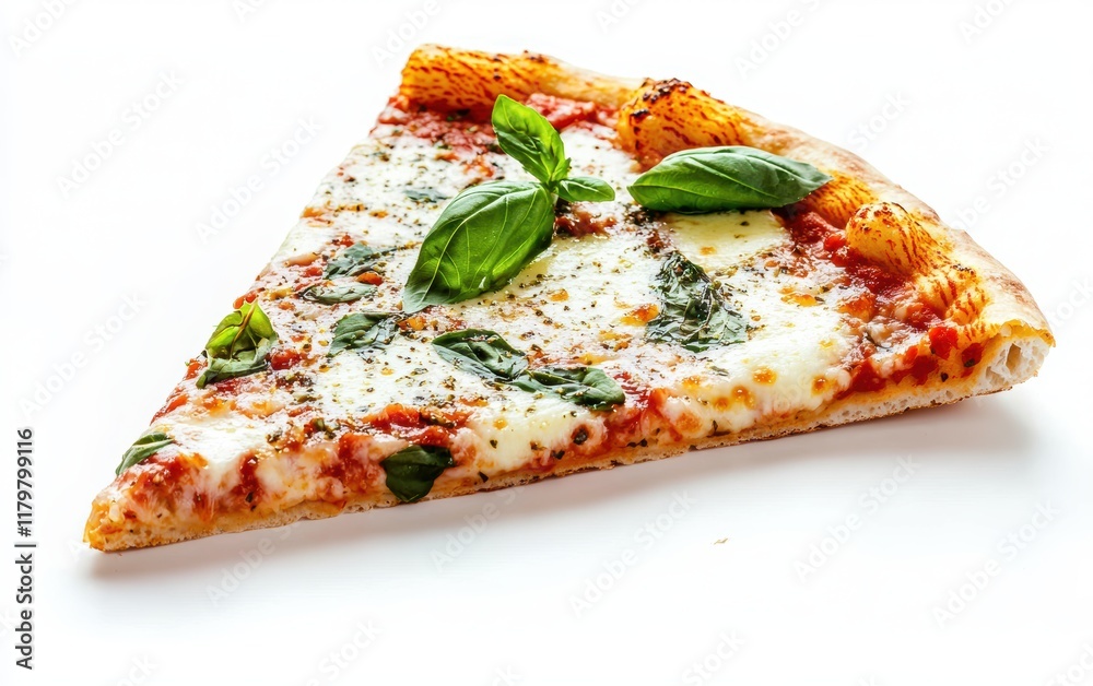 A crispy slice of margherita pizza with basil and mozzarella on a clean white table A crispy slice of margherita pizza with basil and mozzarella on a clean white table