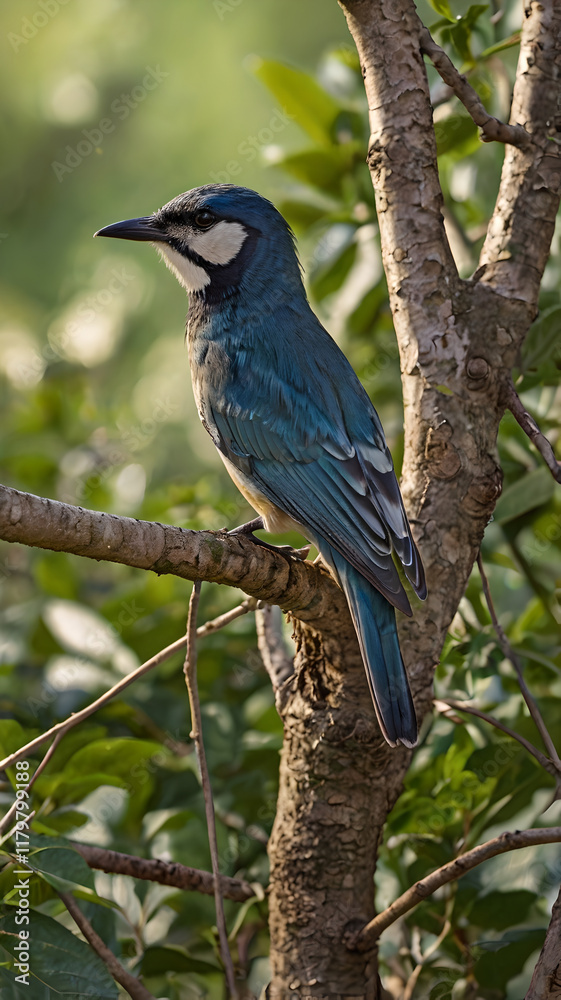Vibrant blue bird with white markings perched on branch in green foliage Generative AI Vibrant blue bird with white markings perched on branch in green foliage Generative AI