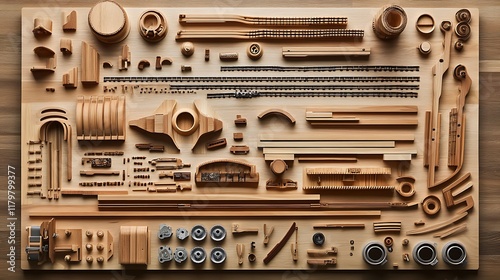 A flat-lay of wooden train parts and tracks arranged artistically