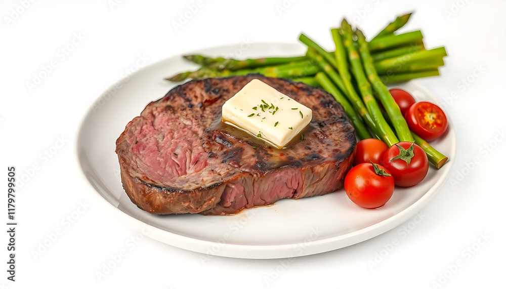 Close-up of a perfectly cooked steak, seasoned and grilled to perfection, served with fresh asparagus and cherry tomatoes on a white plate. Close-up of a perfectly cooked steak, seasoned and grilled to perfection, served with fresh asparagus and cherry tomatoes on a white plate.