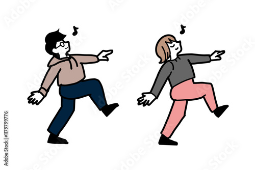 スキップをしながら前進している男女のセットイラスト