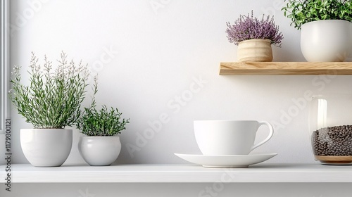 Wallpaper Mural Serene kitchen shelf with plants, cup, and coffee beans in cozy home setting Torontodigital.ca