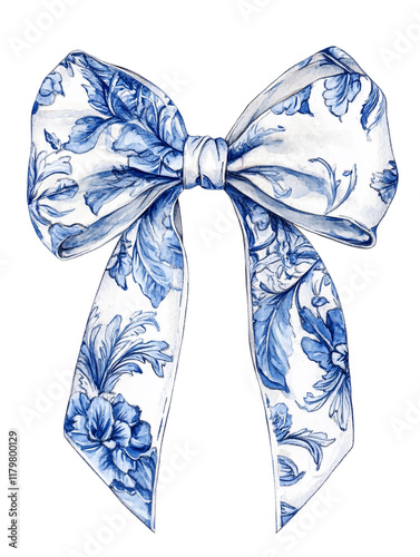 Elegant Watercolor Bow with Blue French Toile Pattern