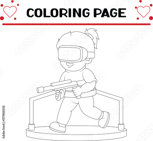 boy is playing shooting game coloring page for kids