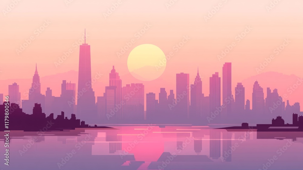 Obraz premium Pink city skyline at sunset. Serene urban landscape.