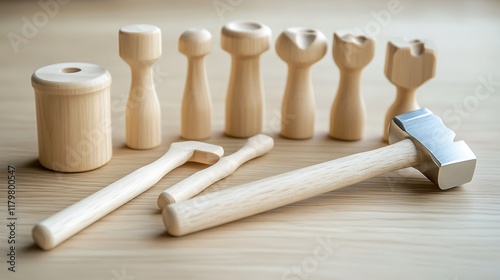 A wooden screwdriver and hammer set for kids, arranged on a light-colored table photo