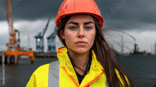 confident woman in safety helmet stands by water, showcasing her determination in challenging environment