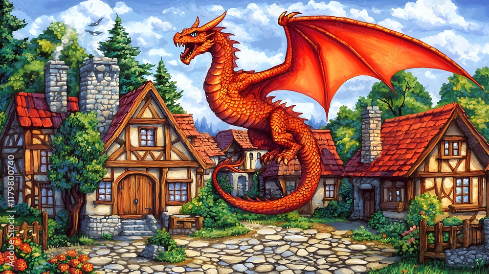 Fototapeta premium Red Dragon Soaring Over Medieval Village, Fantasy Game Background Illustration.