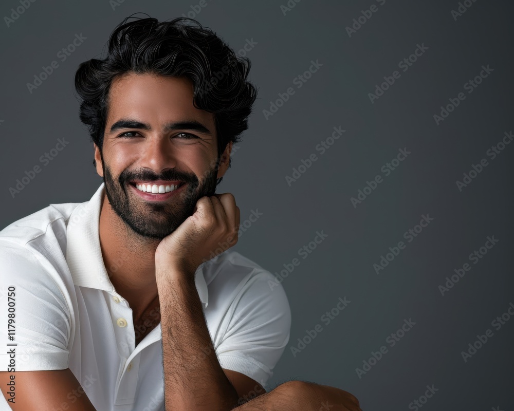 Fototapeta premium Handsome Saudi man model smiles warmly while showcasing stylish white attire in a modern setting