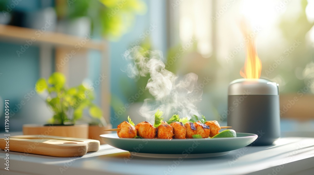 Steaming Chicken Skewers on Plate with Cilantro Garnish Sunny Kitchen Setting Steaming Chicken Skewers on Plate with Cilantro Garnish Sunny Kitchen Setting