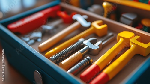 A mini wooden hammer and screwdriver set for childrenâ€™s play displayed in a toy box photo