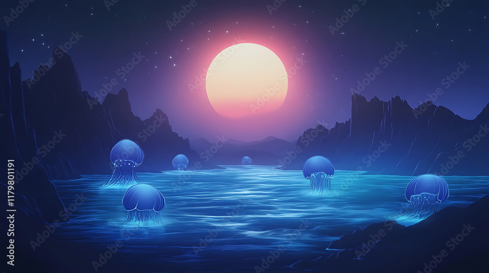 Fototapeta premium A serene landscape featuring glowing jellyfish in a twilight ocean under a large sun.