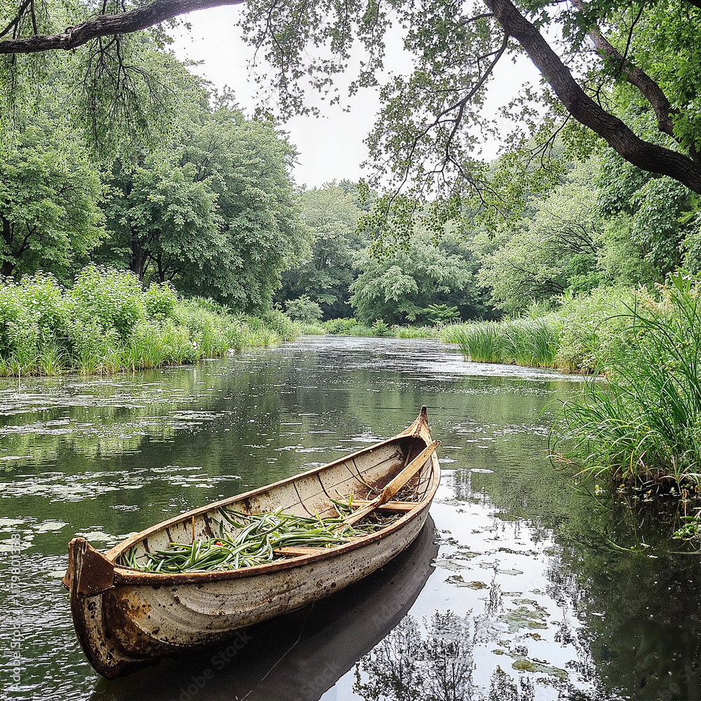 Abandoned boat with plants floating on serene river Abandoned boat with plants floating on serene river