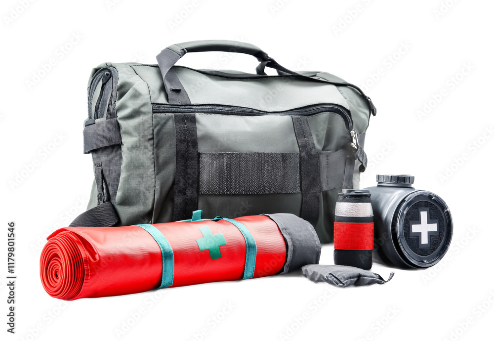 Fototapeta premium Camping First Aid Kit with Essential Emergency Items - Isolated on White Background