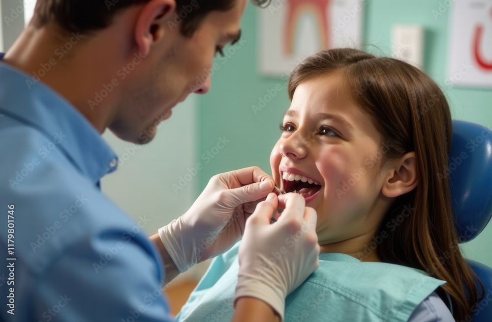 A young girl is currently getting her teeth thoroughly examined by a dentist A young girl is currently getting her teeth thoroughly examined by a dentist