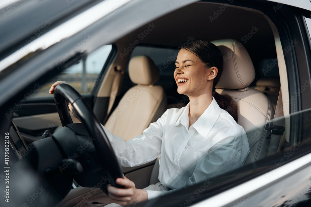 Woman, car, driver, smile a cheerful woman with a radiant smile sits confidently in the driver's seat of a car, gripping the steering wheel, embodying joy and freedom behind the wheel Woman, car, driver, smile a cheerful woman with a radiant smile sits confidently in the driver's seat of a car, gripping the steering wheel, embodying joy and freedom behind the wheel